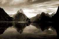 New Zealand . Milford Sound Reflection . Sepia. Film based slide image .